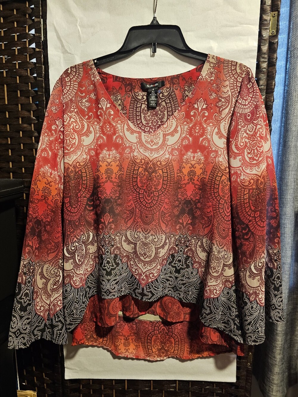 Style & Co Paisley Mandala BOHO 3/4 Sleeve Top Blouse Size S Sparkle Accent